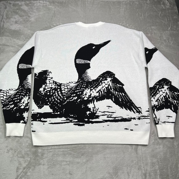 Waggle Loon Call Wildknit Crewneck Sweater Mens 2XL White Black Graphic Bird - Picture 10 of 11